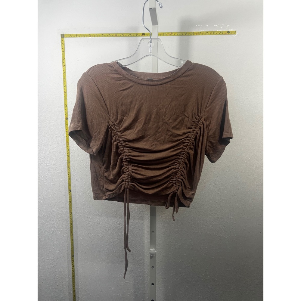 Haute Monde Brown Ribbed Ruched Front Drawstring Crop Top Large Short Sleeve